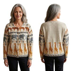 Janes Closet Woman's Cardigan Sweater Small Animal Print Button Front Crewneck